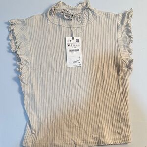 Zara Cap Sleeve Mockneck Ribbed Shirt XL Beige